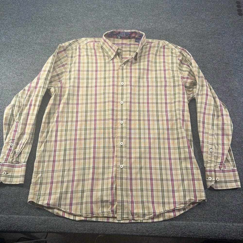 Alan Flusser Mens Large Plaid Cotton Button Down Shirt Paisley Trim Tan Red